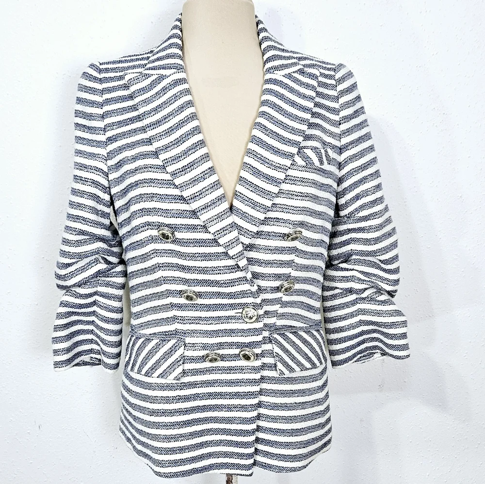Veronica Beard Ryland Striped Cotton-Blend Tweed Blazer in Blue and White Size 8 - Picture 4 of 15